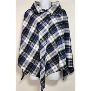 Vermont Flannel Plaid Cape Poncho Blue Green Cotton L/XL